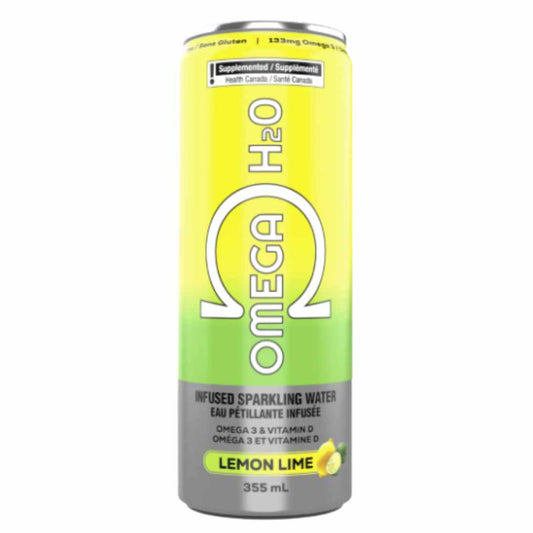 Omega H2O lemon lime sparkling water can on a white background
