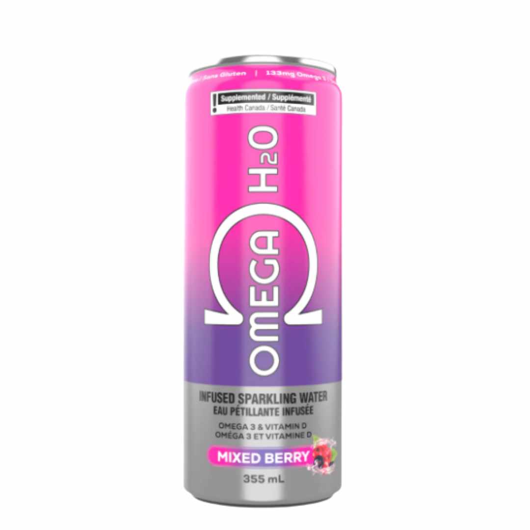 Omega H2O Mixed Berry sparkling water can on a white background