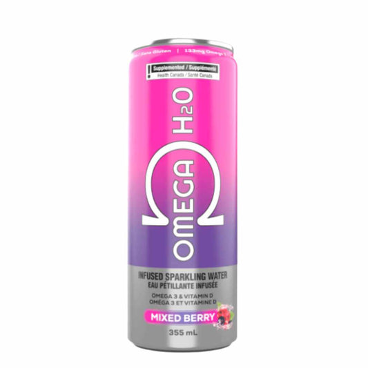 Omega H2O Mixed Berry sparkling water can on a white background