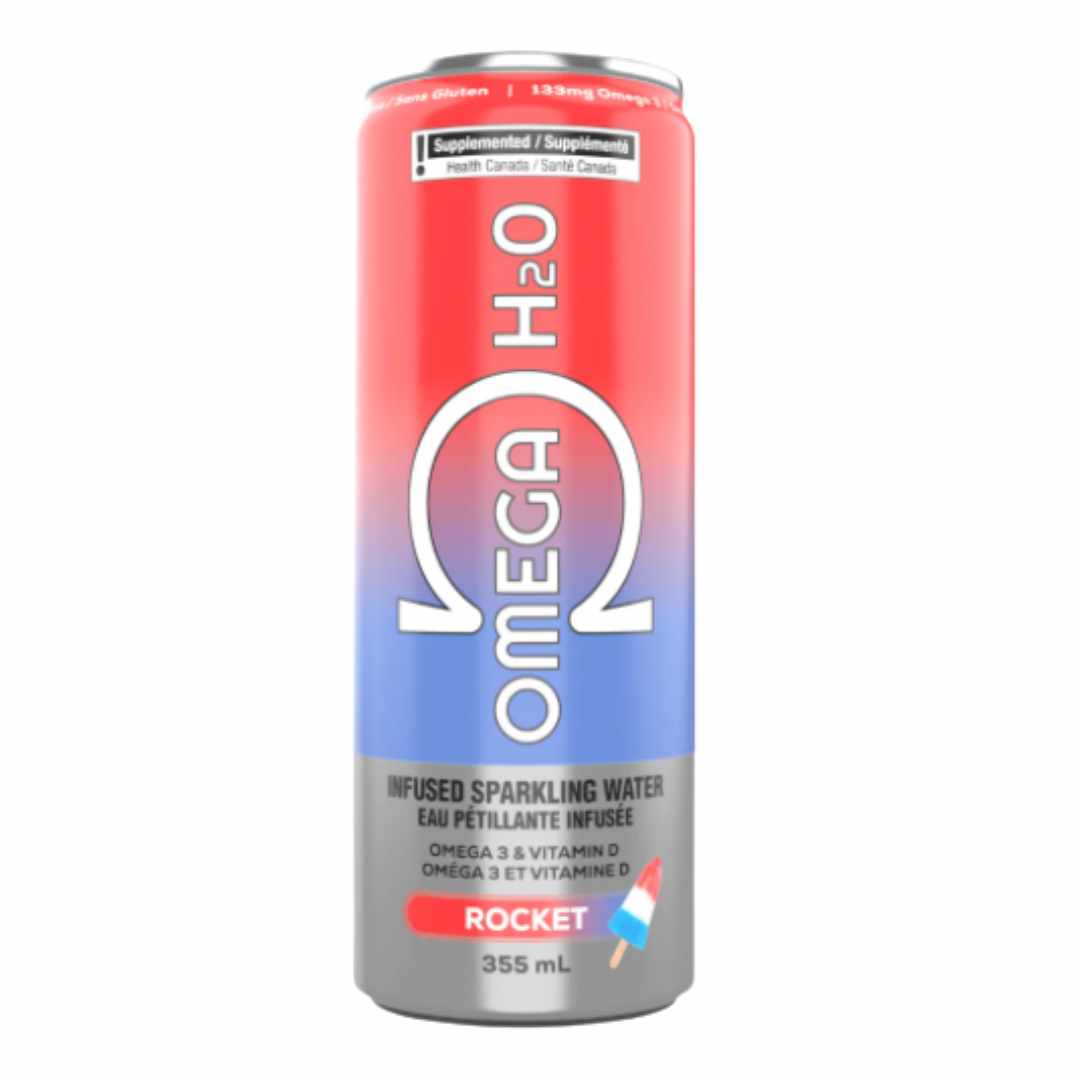 Omega H2O can with gradient design on a white background