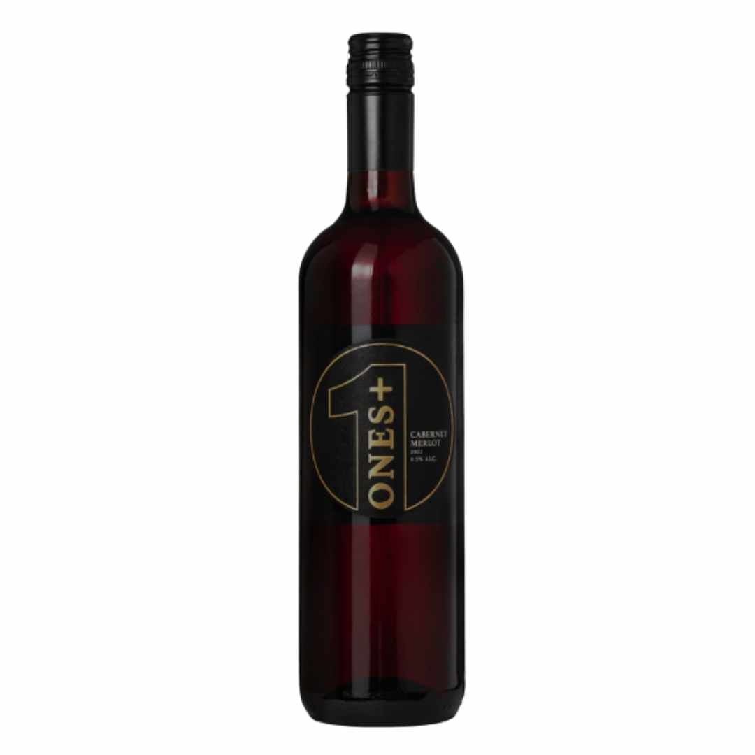 Wine bottle with 'ONES+ Cabernet Merlot' non-alcoholic wine label on a white background