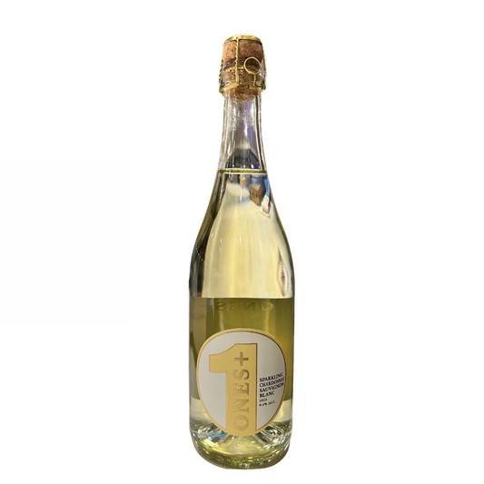 Bottle of ONES+ Sparkling Chardonnay Sauvignon Blanc, showcasing its vibrant, non-alcoholic white wine.