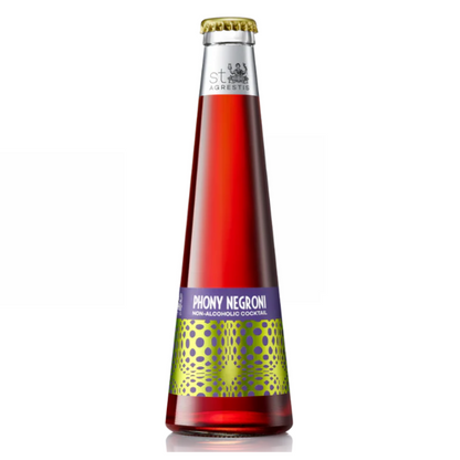 St. Agrestis Phony Negroni non-alcoholic cocktail bottle featuring vibrant red color and unique label design.