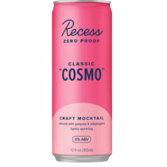 Recess Zero Proof Classic Cosmo mocktail can with guayusa and adaptogens, 12 fl oz, lightly sparkling and alcohol-free.