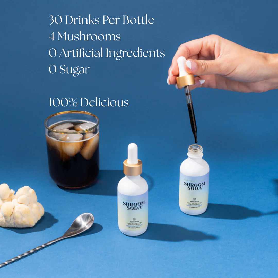 Shroom Soda root beer flavour dropper bottle with ingredients listed on a blue background