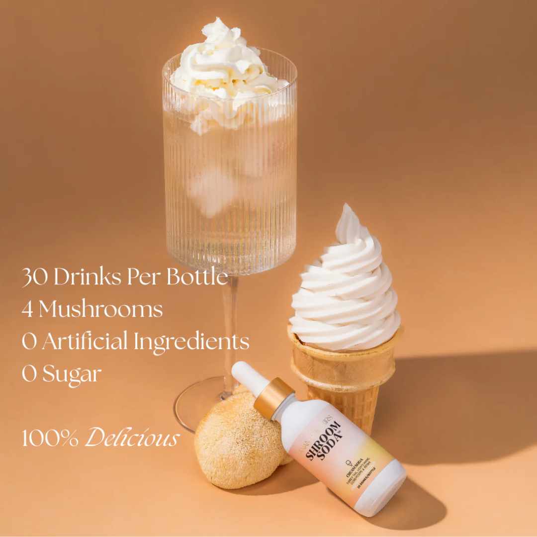 Shroom Soda Cream Soda bottle with a  beverage glass with whipped cream, mushroom, and ice cream cone on a beige background