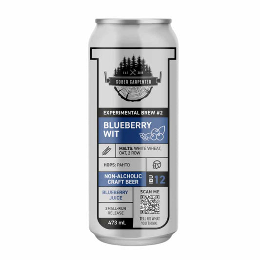 Can ofnon-alcoholic beer labelled Sober Carpenter Blueberry Wit with blue graphics on a white background