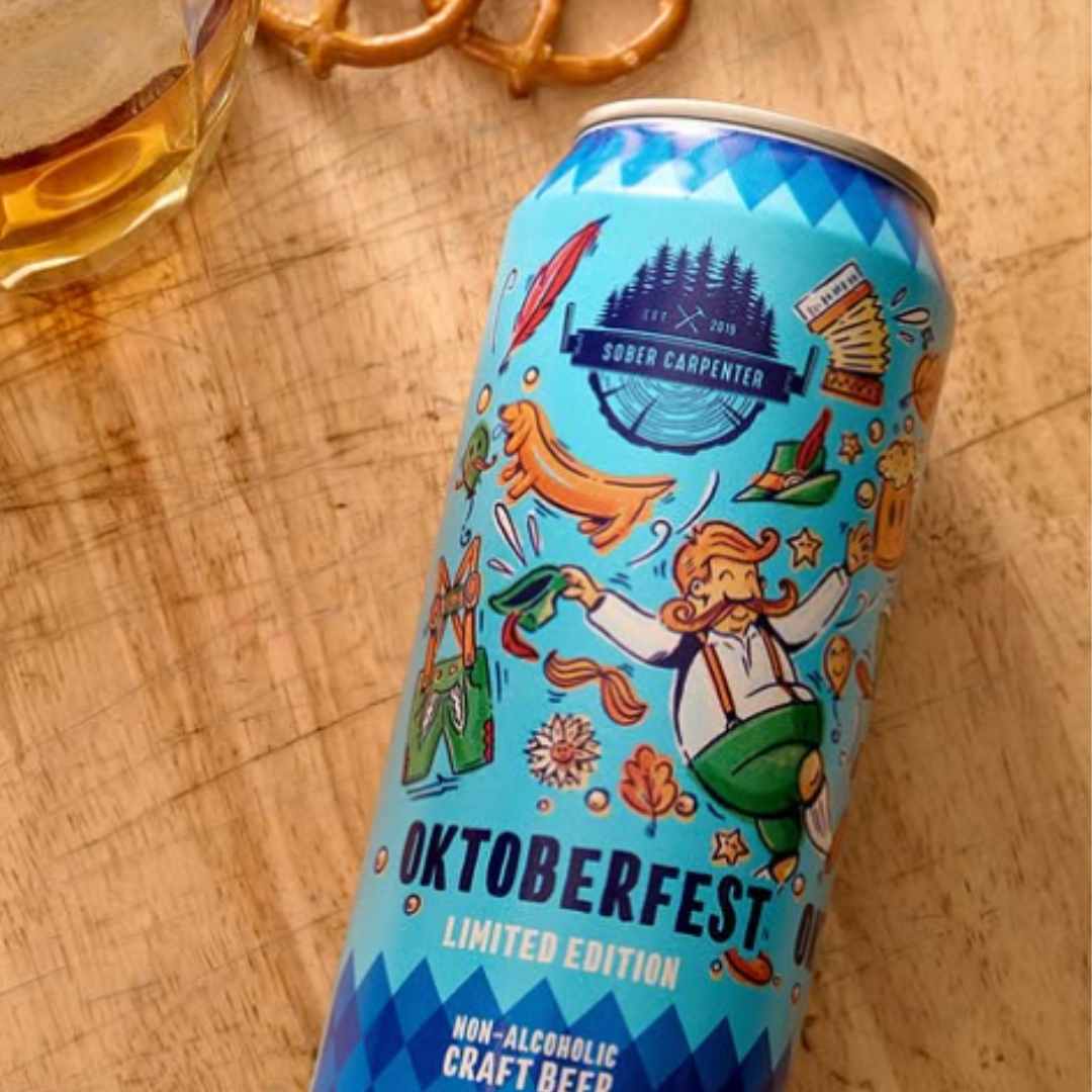 Sober Carpenter Oktoberfest non-alcoholic beer can a wooden surface paired with pretzels