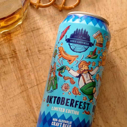 Sober Carpenter Oktoberfest non-alcoholic beer can a wooden surface paired with pretzels