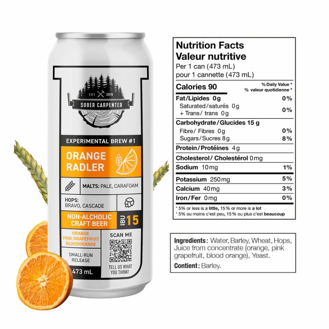 Can of Sober Carpenter Orange Radler  with nutritional facts on a white background