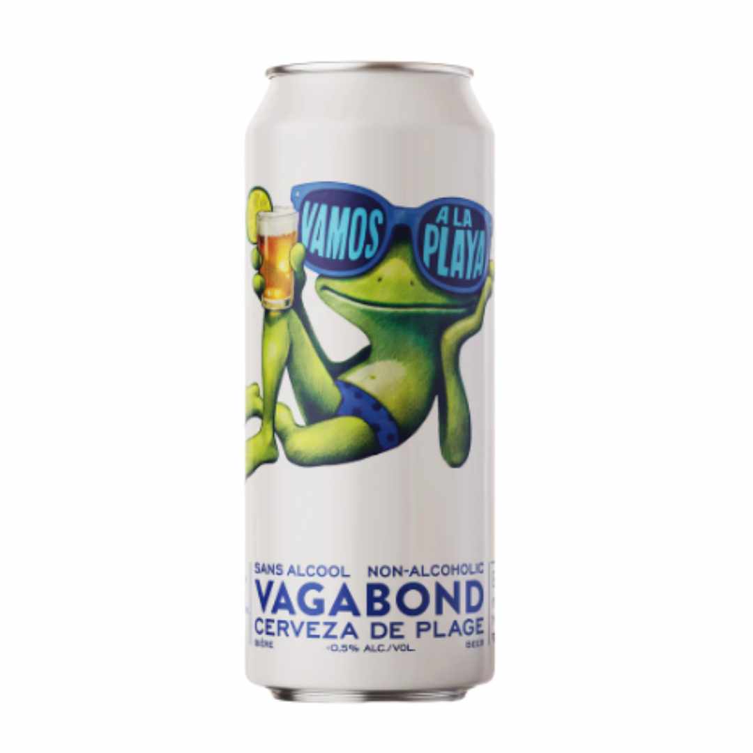 Vagabond Vamos a la Playa non-alcoholic cerveza can with a frog character on a white background