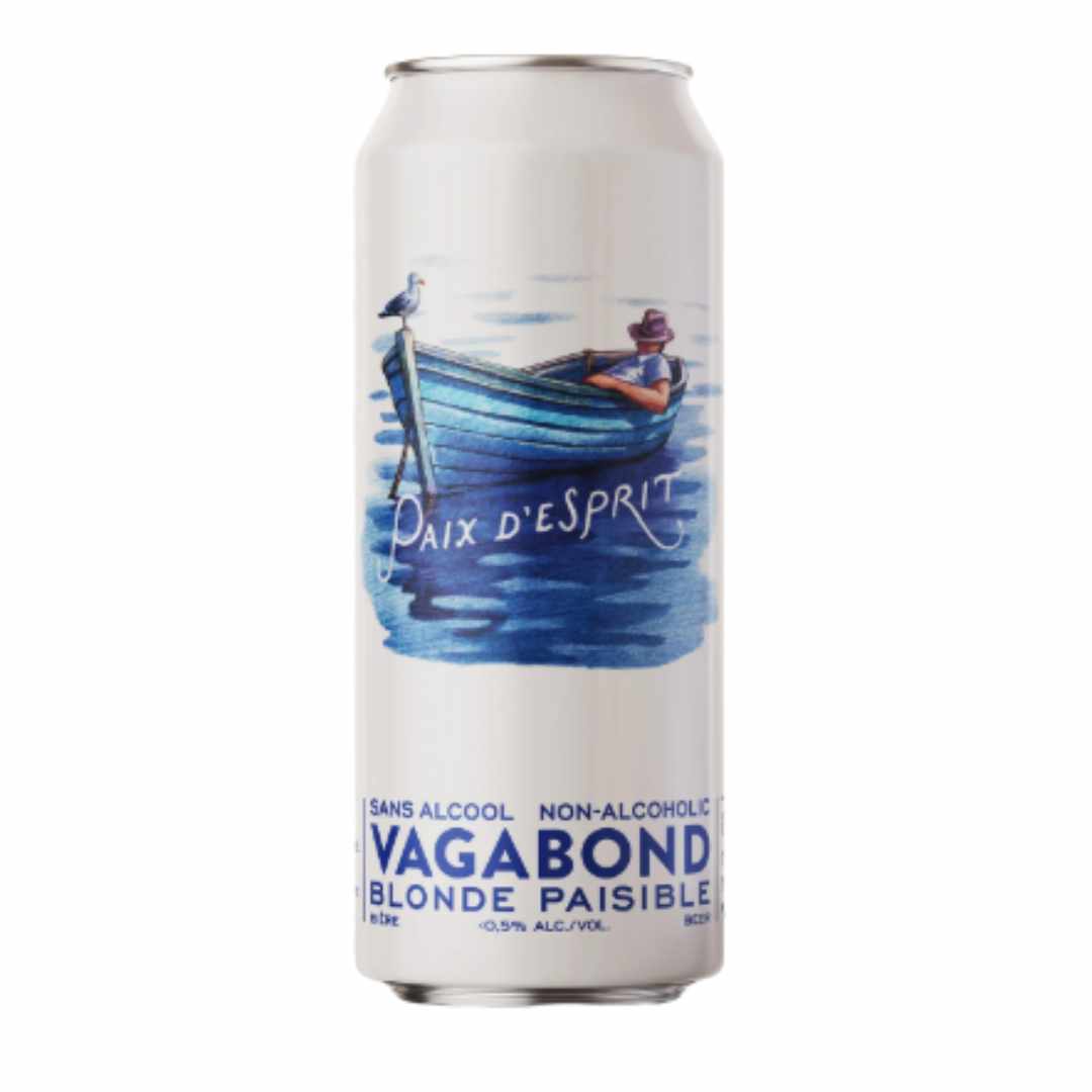Can of Vagabond Paix D'esprit non-alcoholic blonde beer with a boat illustration on a white background