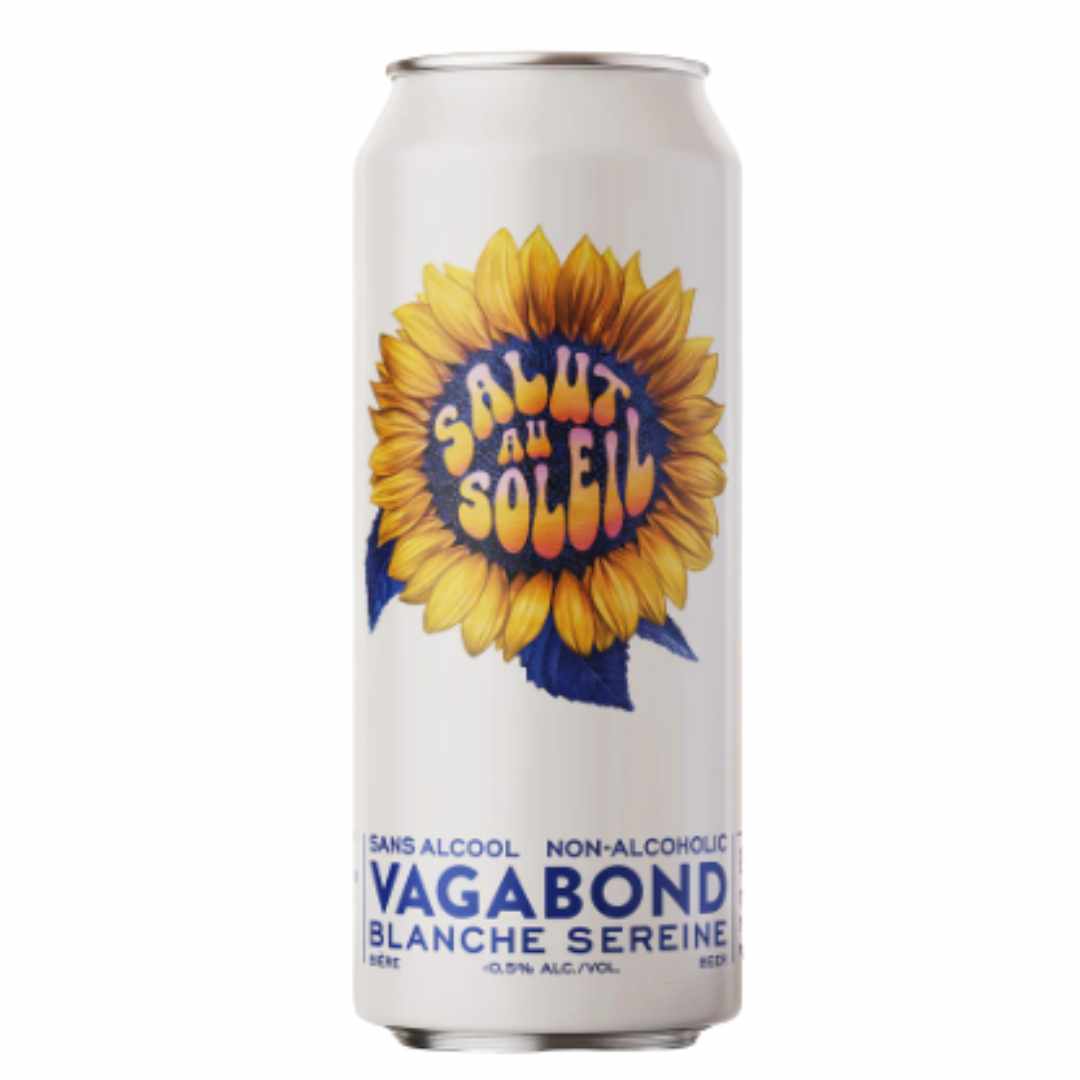 Vagabond Salut au Soleil non-alcoholic wheat beer can with sunflower design on a white background