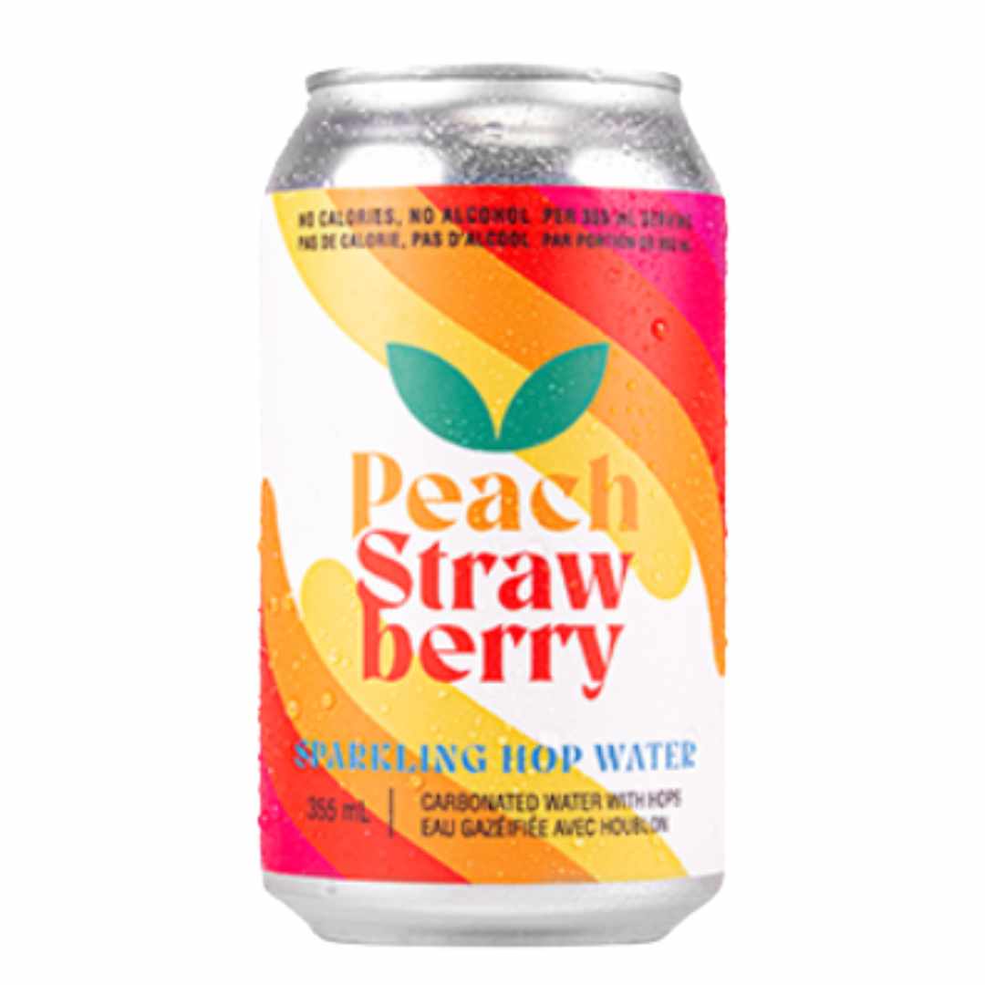Colourful can of Peach Strawberry sparkling hop water can on a white background